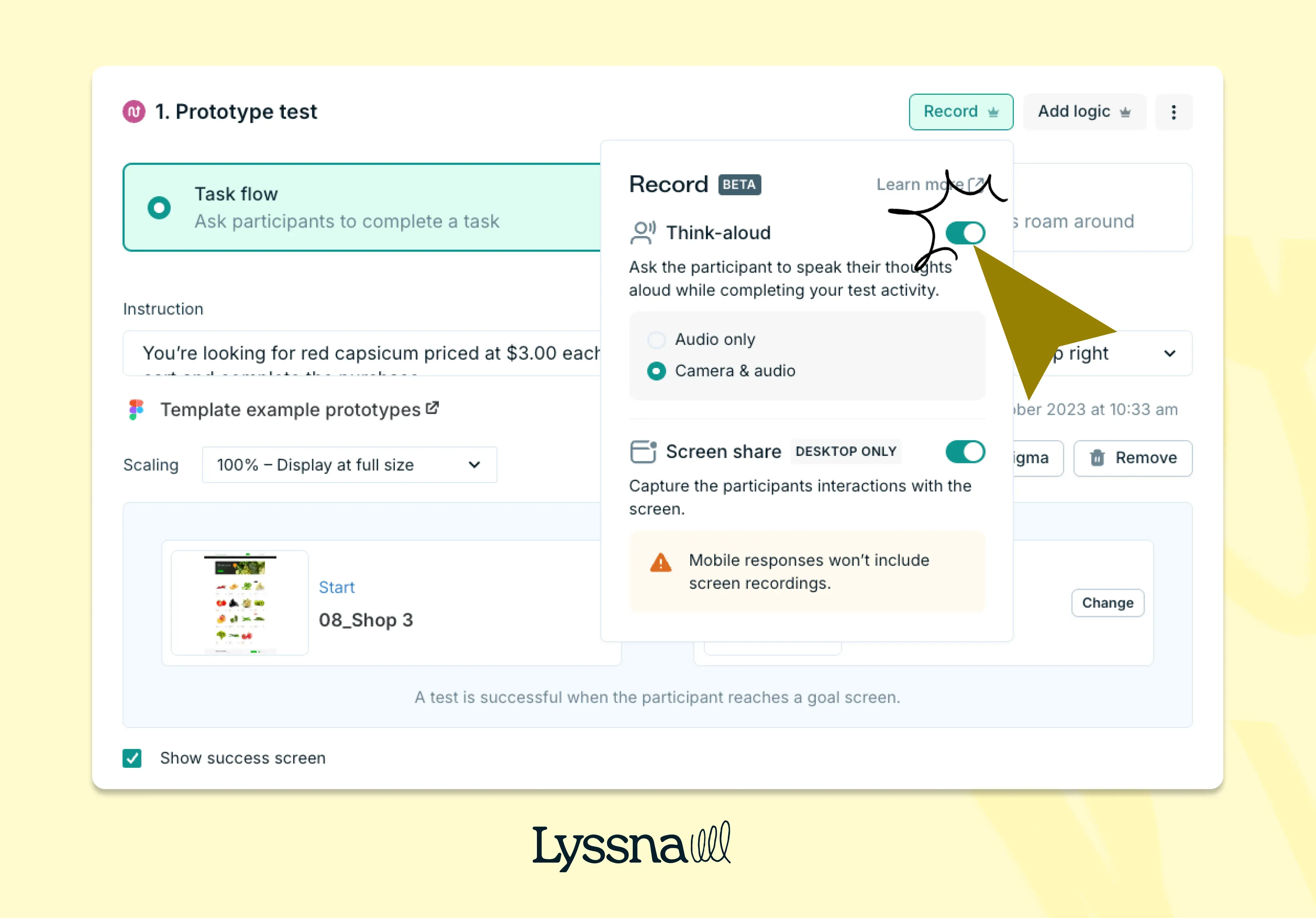 Choosing to turn on Think Aloud functionality on Lyssna