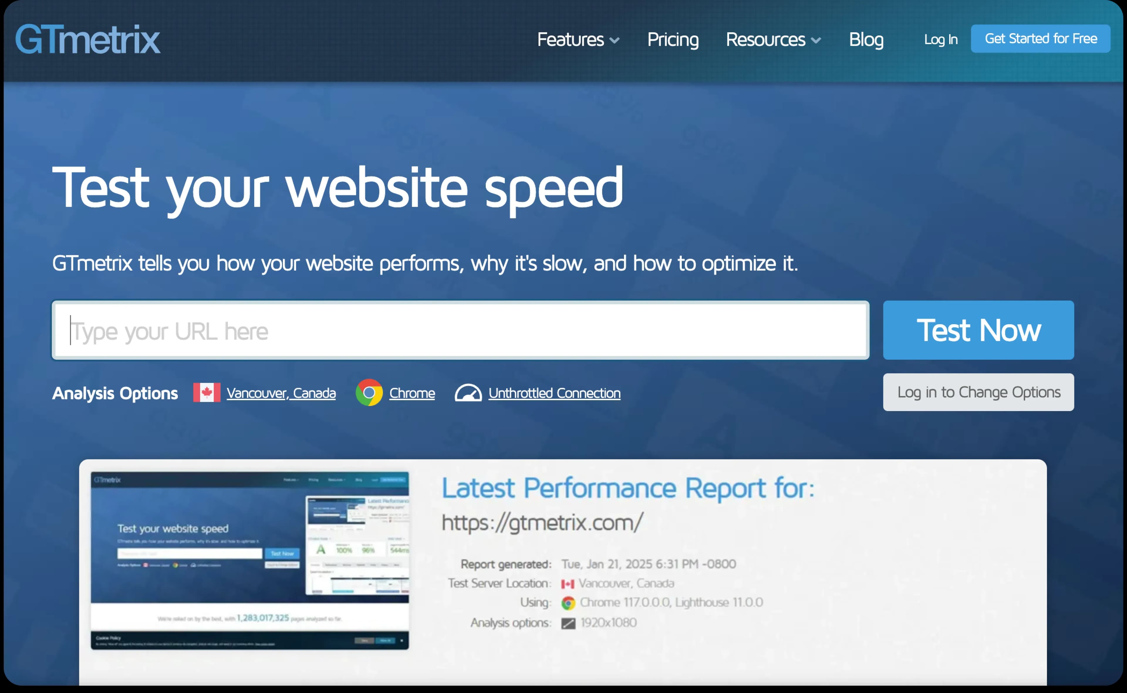 The GTmetrix homepage
